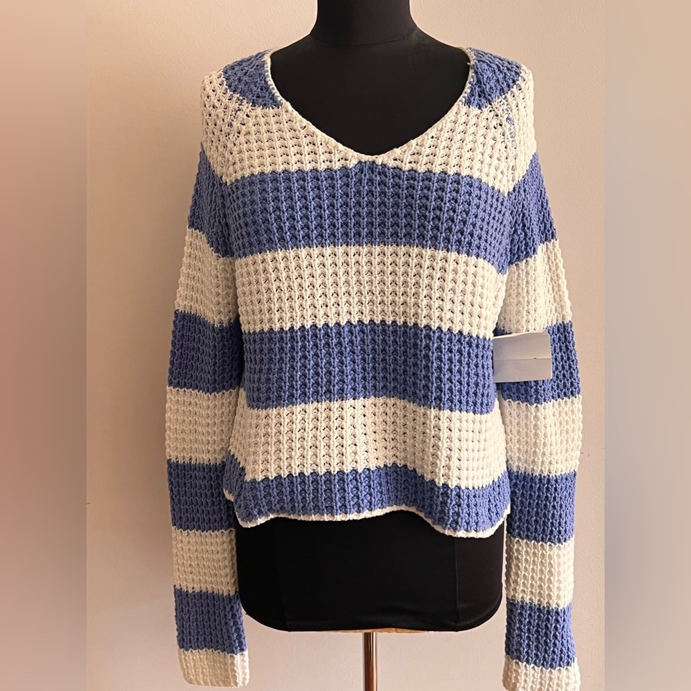 Striped Blue & Cream V-Neck Knit Sweater